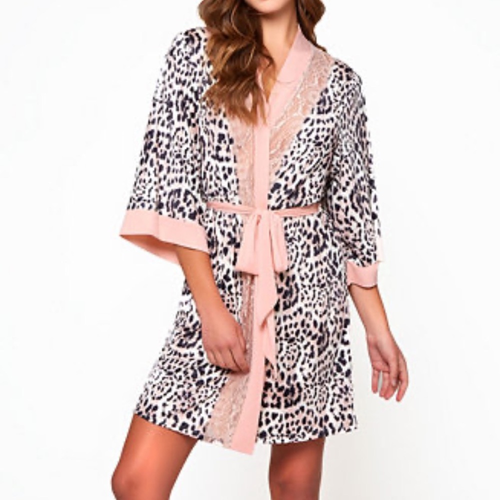 Icollection Katie Leopard Print Brown/Pink Lace Robe size Large New from Macys